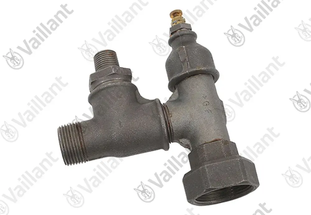 Vaillant-Bogen aus Metall mit zwei Anschlussgewinden und einem Adapter für Heizungsinstallation.
